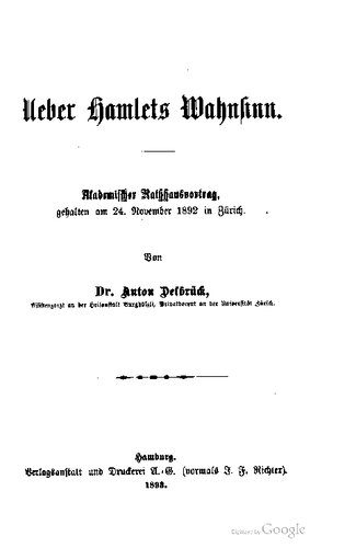 خرید و دانلود نسخه کامل کتاب Ueber Hamlets Wahnsinn. Akademischer Rathhausvortrag, gehalten am 24. November 1892 in Zürich